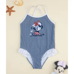 Bañador entero para niña con rayas azul y blanco y estampado de Minnie