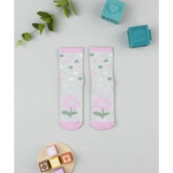 Calcetines antideslizantes para niña gris y rosa con flores
