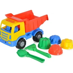 Camión con pala, rastrillo y moldes