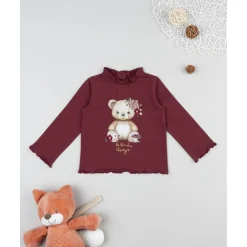 Camiseta burdeos de manga larga con oso para niña