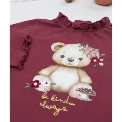 Camiseta burdeos de manga larga con oso para niña