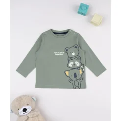 Camiseta de manga larga para niño verde con osito