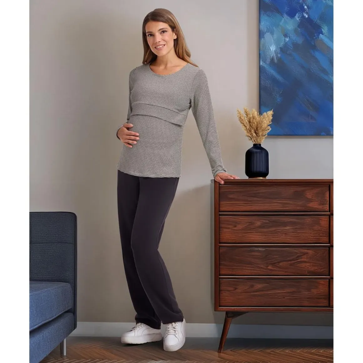 Camiseta premamá de lactancia negro y beige a rayas