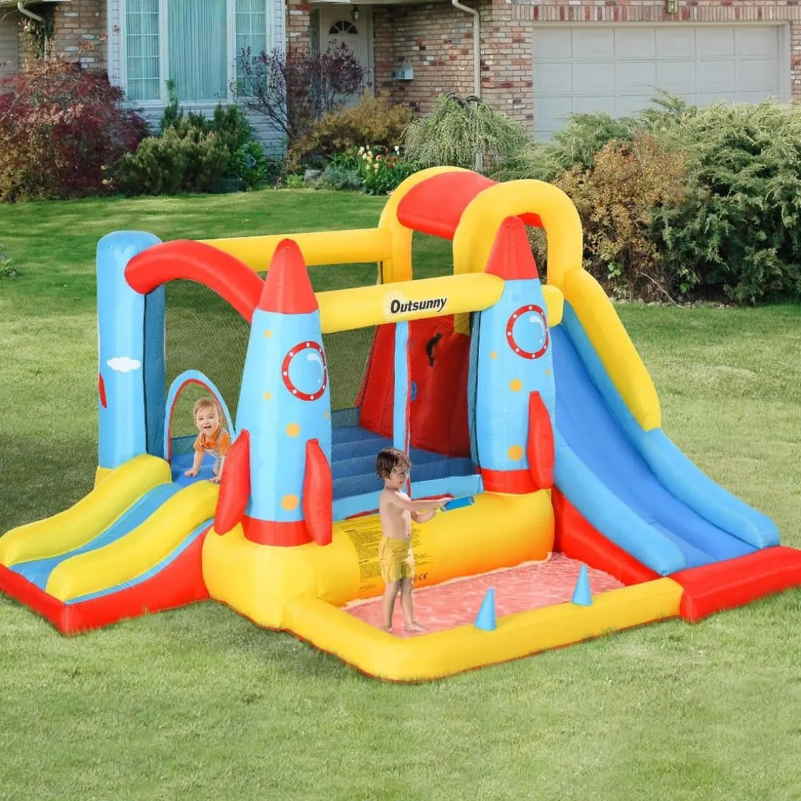 Castillo Hinchable Cohete con piscina, 2 toboganes, minimuro de escalada y cama de salto 330 cm Outsunny