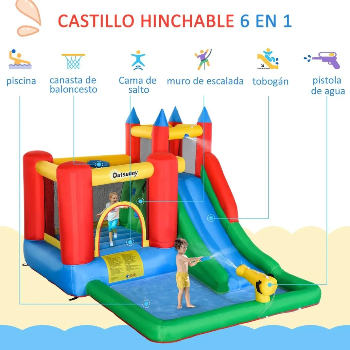 Castillo Hinchable con piscina, tobogán, muro de escalada y cama de salto 330 cm Outsunny