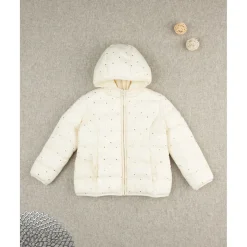Chaqueta niña color crema con capucha y topos foil