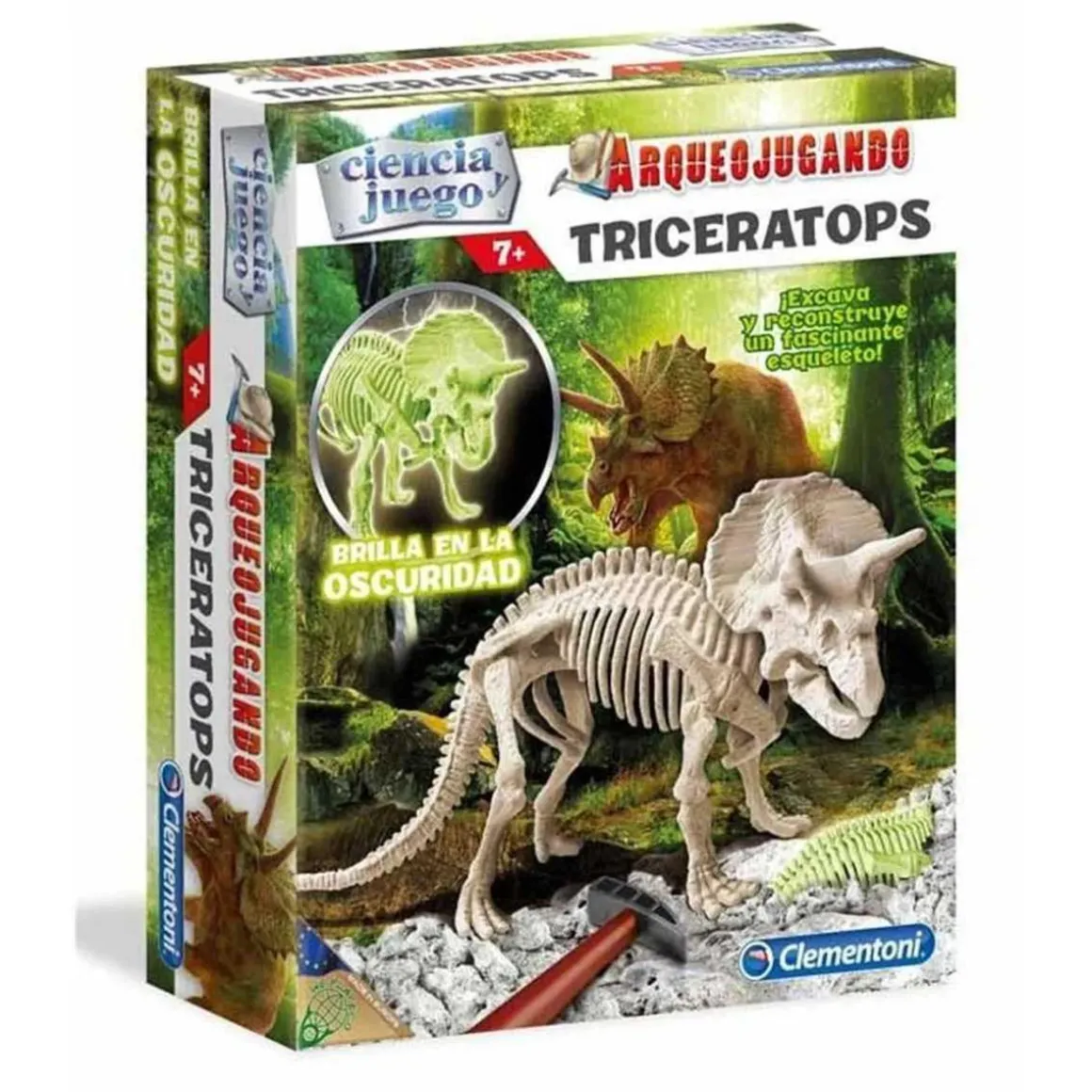 Clementoni - Juego científico de excavación y montaje de Triceratops fosforescente
