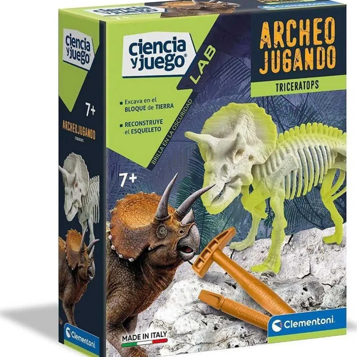 Clementoni - Juego científico de excavación y montaje de Triceratops fosforescente