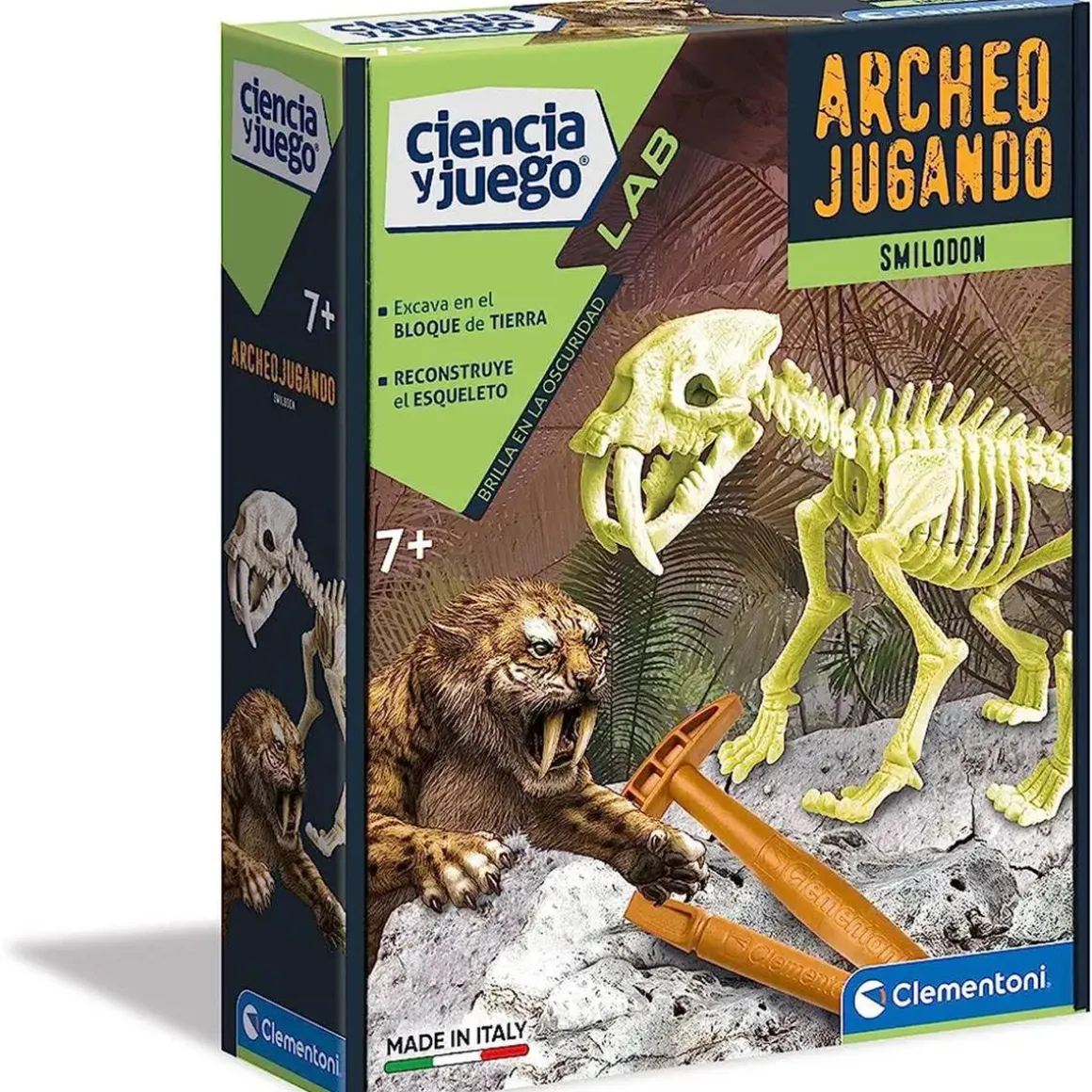 Clementoni - Juego científico de excavación y montaje Smilodon fosforescente ㅤ