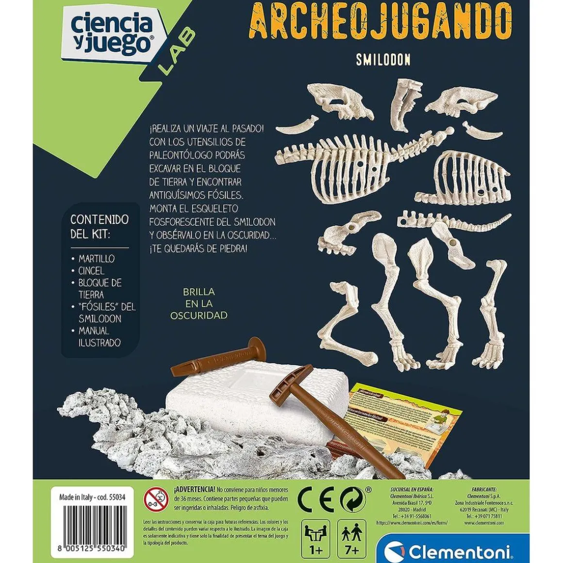 Clementoni - Juego científico de excavación y montaje Smilodon fosforescente ㅤ