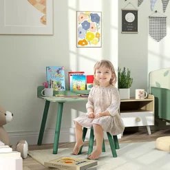 Conjunto de mesa y silla con estante integrado Verde