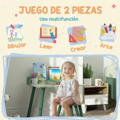 Conjunto de mesa y silla con estante integrado Verde