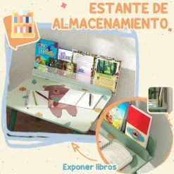 Conjunto de mesa y silla con estante integrado Verde