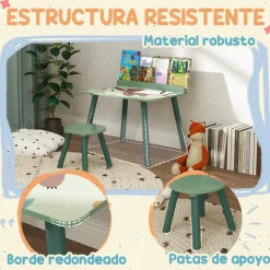 Conjunto de mesa y silla con estante integrado Verde