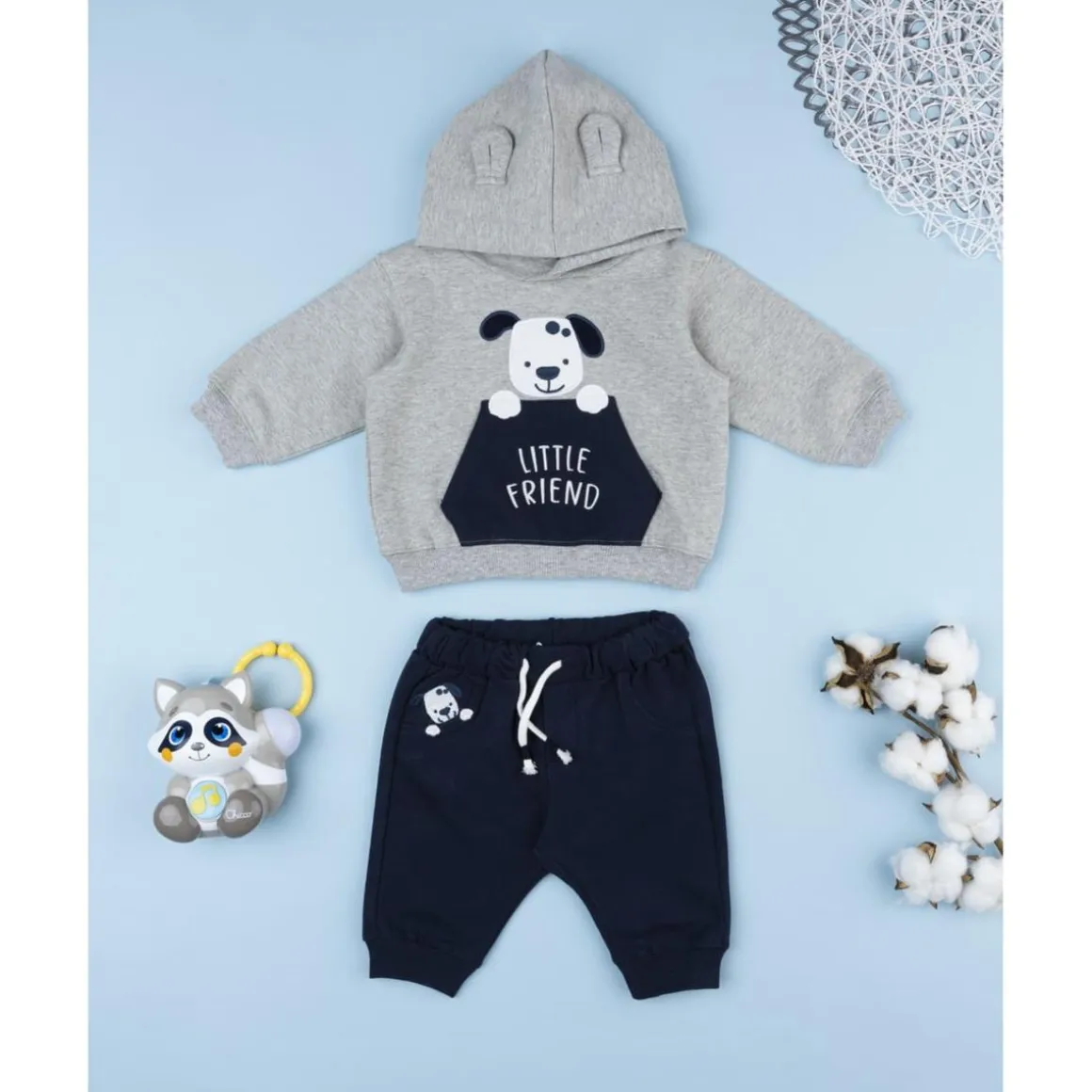 Conjunto felpa niño gris y azul con perrito