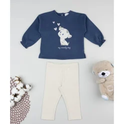 Conjunto jogging azul y beige para niña con perrito