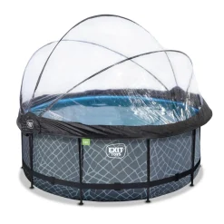 Exit - Piscina Stone efecto piedra gris diámetro 360 x 122 cm con filtro de arena, cúpula transparente y bomba de calor