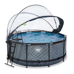 Exit - Piscina Stone efecto piedra gris diámetro 360 x 122 cm con filtro de arena, cúpula transparente y bomba de calor