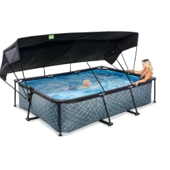 Exit - Piscina Stone efecto piedra gris 300 x 200 x 65 cm con filtro y toldo negro