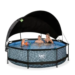 Exit - Piscina Stone efecto piedra gris diámetro 300 x 76 cm con filtro y toldo negro