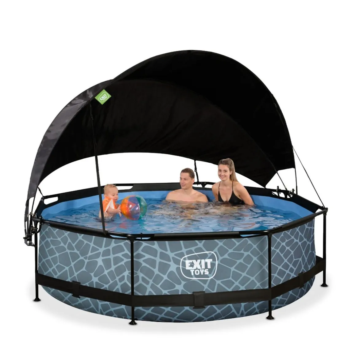 Exit - Piscina Stone efecto piedra gris diámetro 300 x 76 cm con filtro y toldo negro