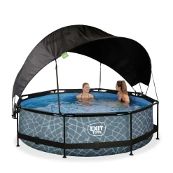 Exit - Piscina Stone efecto piedra gris diámetro 300 x 76 cm con filtro y toldo negro