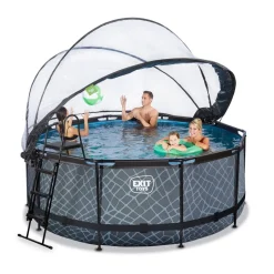 Exit - Piscina Stone efecto piedra gris diámetro 360 x 122 cm con filtro de arena y cúpula transparente