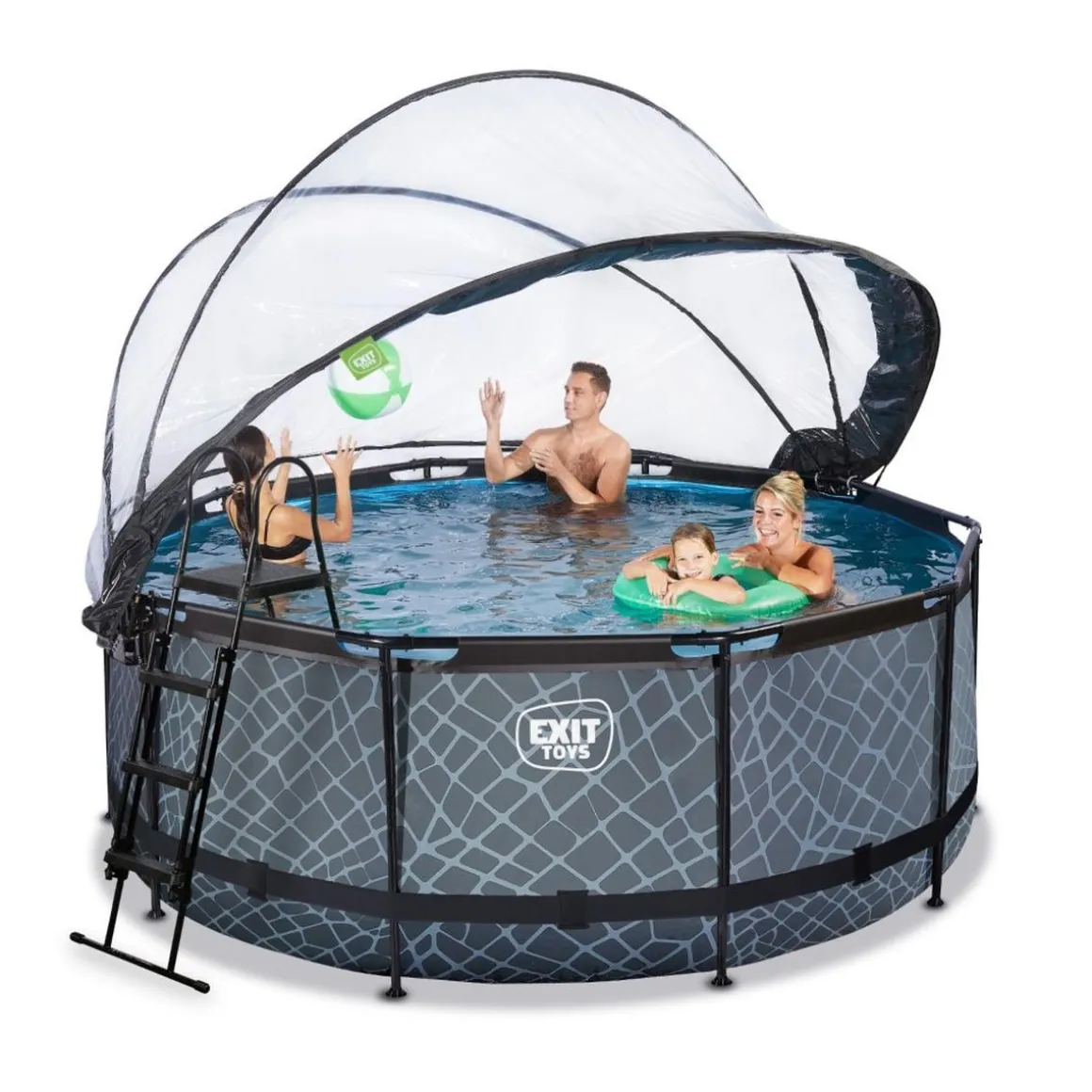 Exit - Piscina Stone efecto piedra gris diámetro 360 x 122 cm con filtro de arena y cúpula transparente