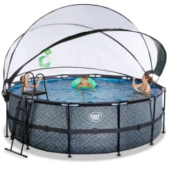 Exit - Piscina Stone gris diámetro 427 x 122 cm con filtro de arena, cúpula y bomba de calor