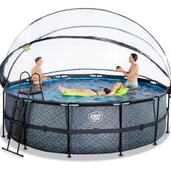 Exit - Piscina Stone gris diámetro 450 x 122 cm con filtro de arena, cúpula y bomba de calor