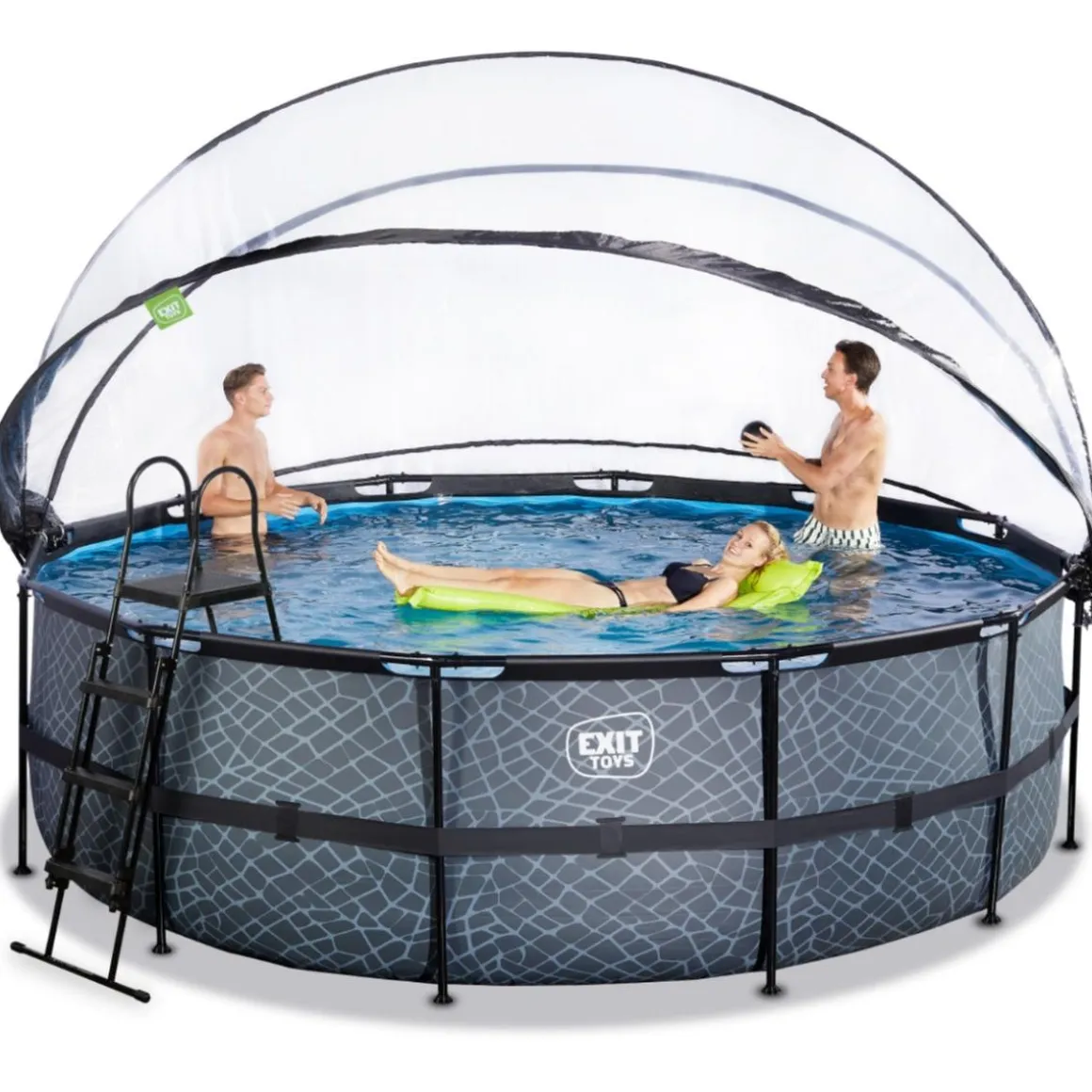 Exit - Piscina Stone gris diámetro 450 x 122 cm con filtro de arena, cúpula y bomba de calor