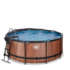 Exit - Piscina Wood efecto madera marrón diámetro 360 x 122 cm con filtro de arena, cúpula transparente y bomba de calor