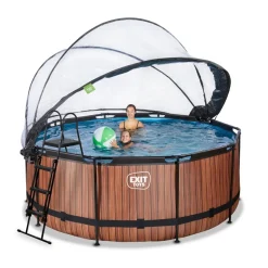 Exit - Piscina Wood efecto madera marrón diámetro 360 x 122 cm con filtro de arena, cúpula transparente y bomba de calor