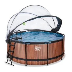 Exit - Piscina Wood efecto madera marrón diámetro 360 x 122 cm con filtro de arena y cúpula transparente