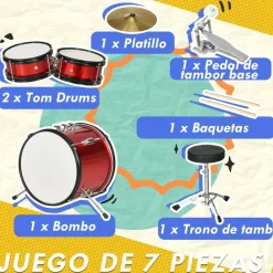 Homcom - Batería con taburete Rojo