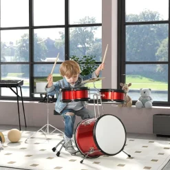 Homcom - Batería con taburete Rojo