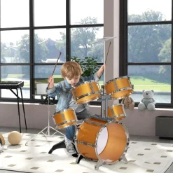 Homcom - Batería infantil 6 piezas con taburete Dorado