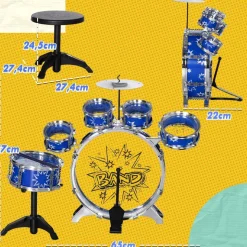 Homcom - Batería infantil 7 piezas con taburete Azul