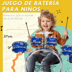 Homcom - Batería infantil 7 piezas con taburete Azul