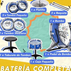 Homcom - Batería infantil 7 piezas con taburete Azul