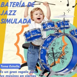 Homcom - Batería infantil 7 piezas con taburete Azul
