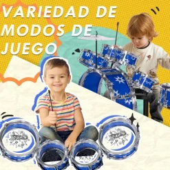 Homcom - Batería infantil 7 piezas con taburete Azul