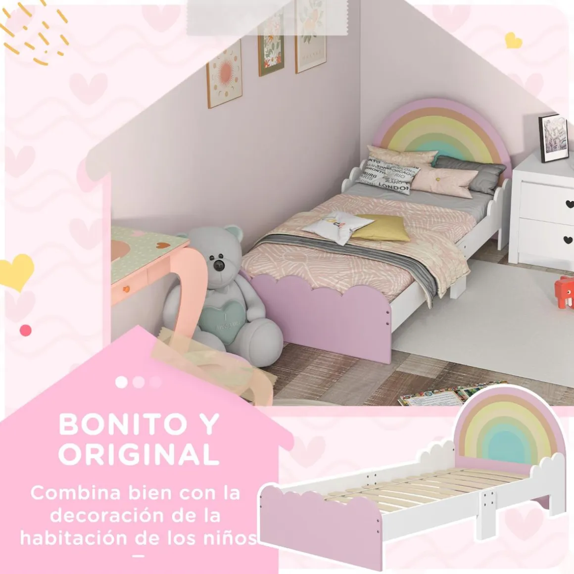 Homcom - Cama infantil arcoíris Rosa