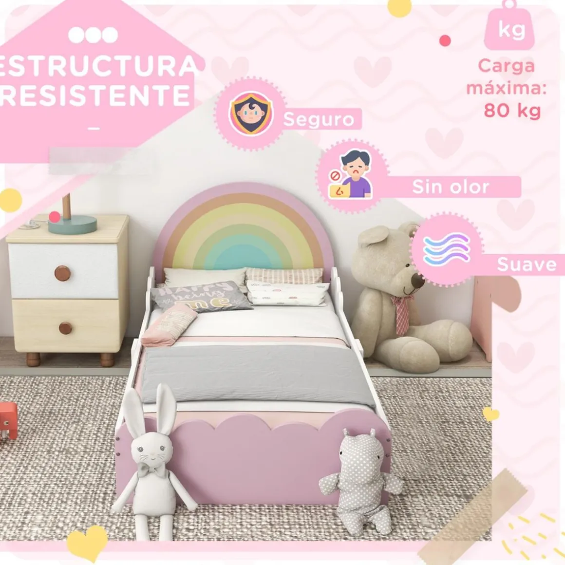 Homcom - Cama infantil arcoíris Rosa