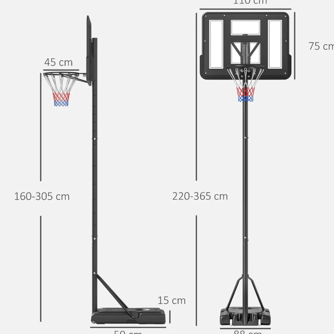 Homcom - Canasta completa baloncesto con base 365 cm