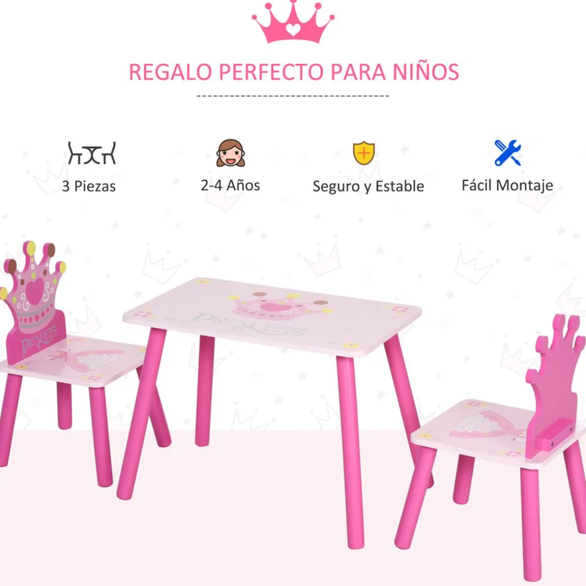 Homcom - Conjunto Mesa + 2 Sillas infantiles Madera Princess