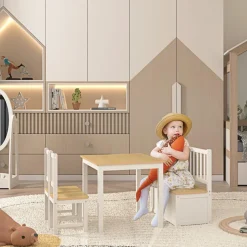 Homcom - Conjunto Mesa + Banco + 2 sillas infantiles Madera