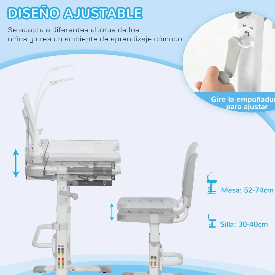 Homcom - Conjunto Pupitre reclinable + Silla Gris