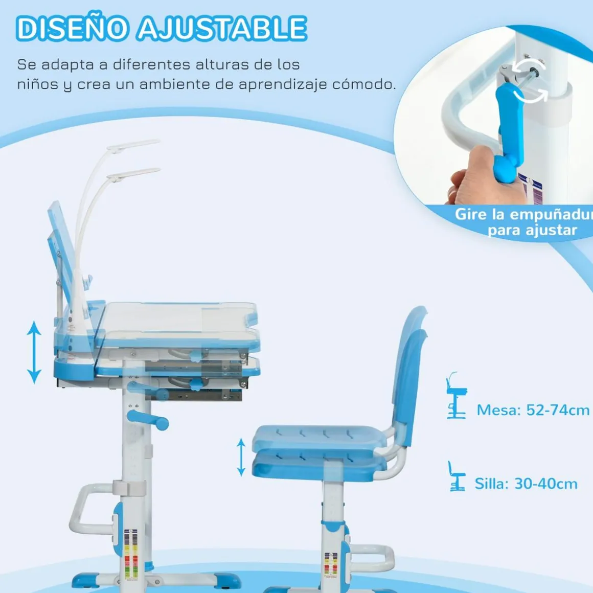 Homcom - Conjunto Pupitre reclinable + Silla Azul