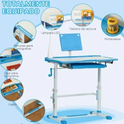 Homcom - Conjunto Pupitre reclinable + Silla Azul